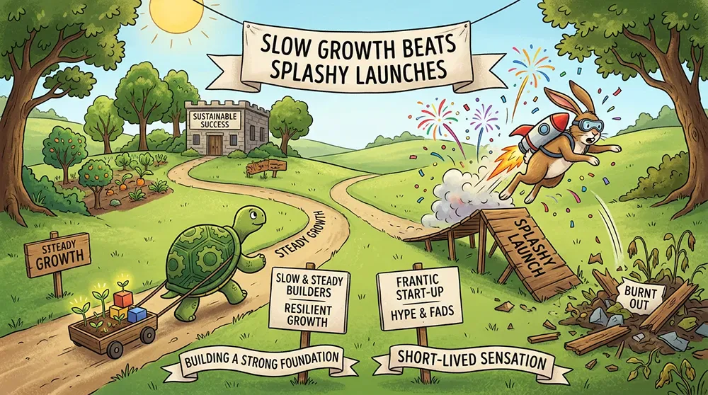 Cartoon of a tortoise moving steadily toward