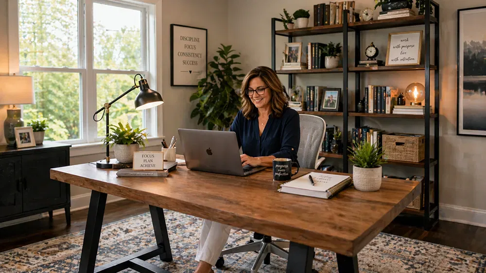 A solopreneur works on a laptop at a wooden desk in a home office, surrounded by bookshelves, plants, and motivational decor.