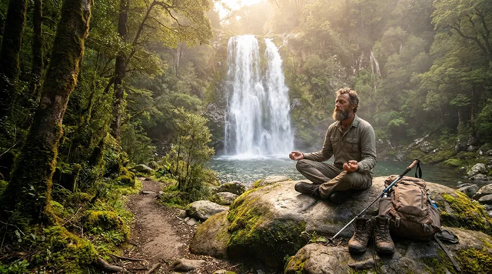 A man, embodying the spirit of a solopreneur, sits cross-legged on a rock meditating near a waterfall in a forest, with hiking gear and a backpack beside him.