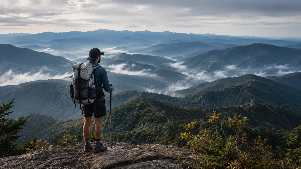 A hiker with a backpack stands on a rocky ledge, overlooking layers of green mountains with fog nestled in the valleys—much like discovering the affiliate marketing definition, where each path leads to new opportunities under a cloudy sky.