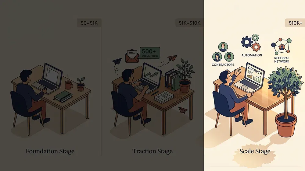 Three illustrated stages of business growth; the highlighted