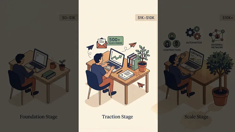 A solopreneur at a desk reviews growth charts and analytics, with icons of charts and subscribers highlighting the