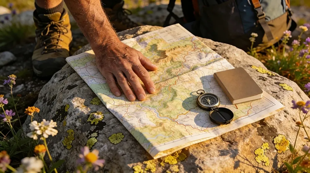 A person’s hand rests on a topographic map spread on a rock, beside a compass and a small notebook—much like navigating various Online Business Models Compared in the wild landscape of online businesses, surrounded by blooming wildflowers.