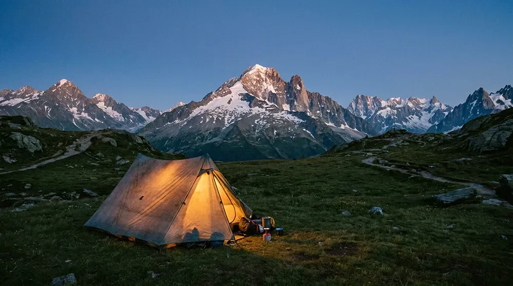 A lit tent is set up on grassy terrain at dusk, surrounded by mountains with snow-covered peaks under a clear sky. Camping gear is visible outside the tent
