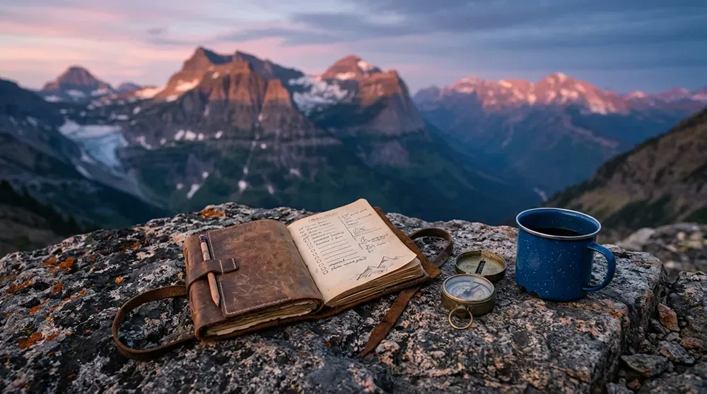 A leather-bound journal, a compass, and a blue mug sit on a rocky ledge overlooking a mountain landscape at sunrise or sunset—a perfect scene for reflecting on blog SEO best practices.