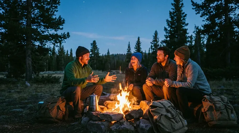Four people sit around a campfire in a forested area at dusk, talking and smiling as they share stories and brainstorm how to validate an online business idea. Backpacks, a kettle, and trees are visible in the background.