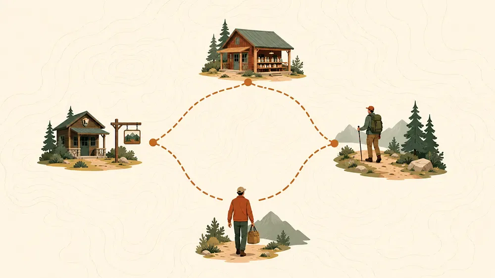 Illustration of a person choosing between two paths, each leading to a different cabin, symbolizing decisions in affiliate marketing, with mountains and trees in the background. Dotted lines connect the figure and destinations.