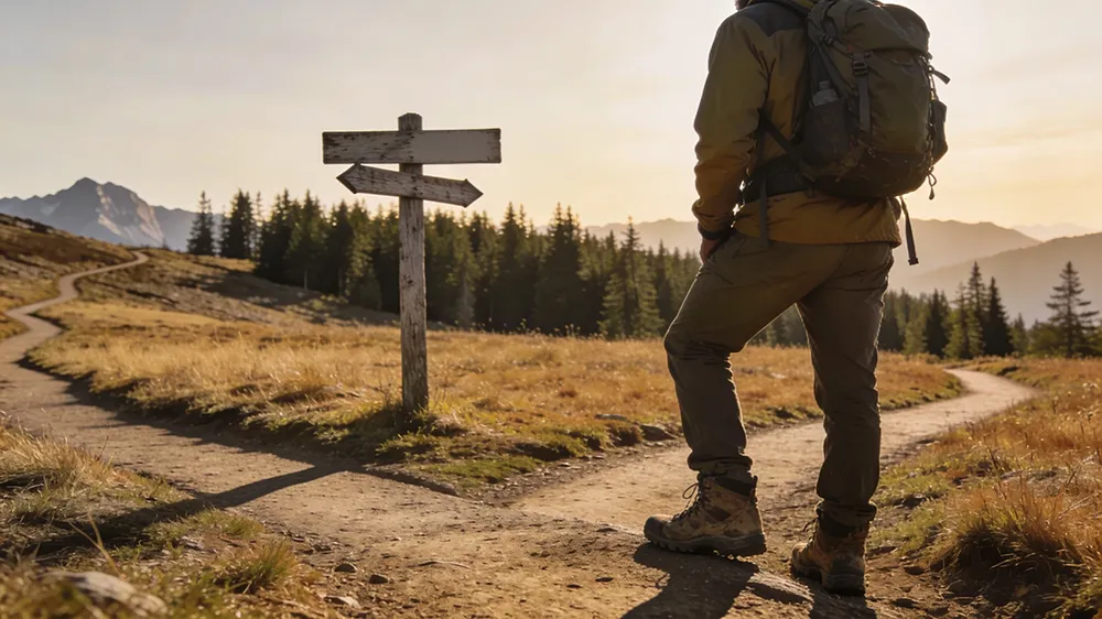 A person with a backpack stands at a fork in a dirt trail, next to a wooden signpost, as if choosing between different online business models, with trees and mountains in the background.