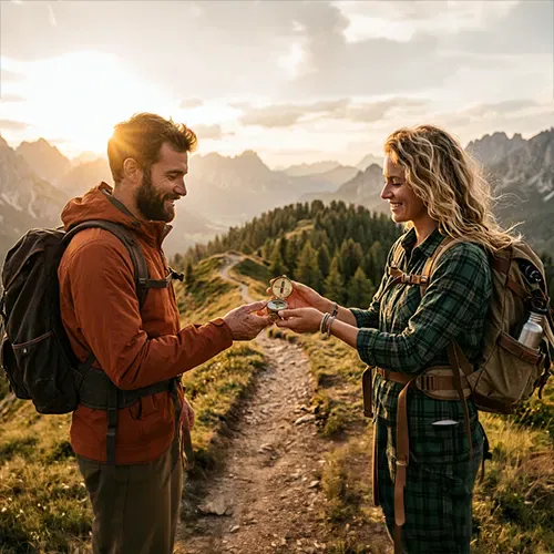 Two hikers stand on a mountain trail at sunset, facing each other and holding a compass, with backpacks and scenic mountains in the background.