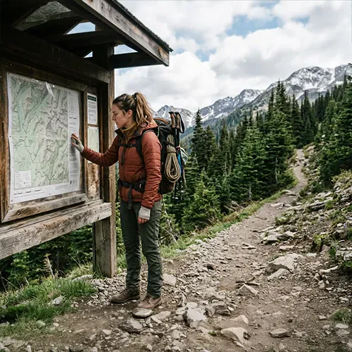 A hiker with a backpack studies a trail map at a wooden information board in a mountainous, forested area.