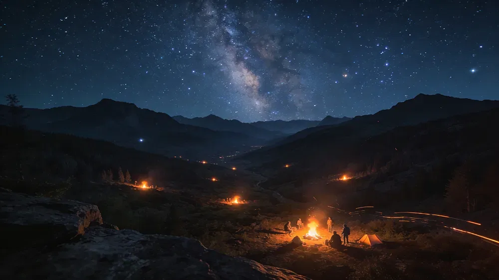 A night scene of multiple campfires burning in a valley under a star-filled sky with the Milky Way visible, surrounded by mountains—like entrepreneurs gathering to validate an online business idea beneath the vast cosmos.