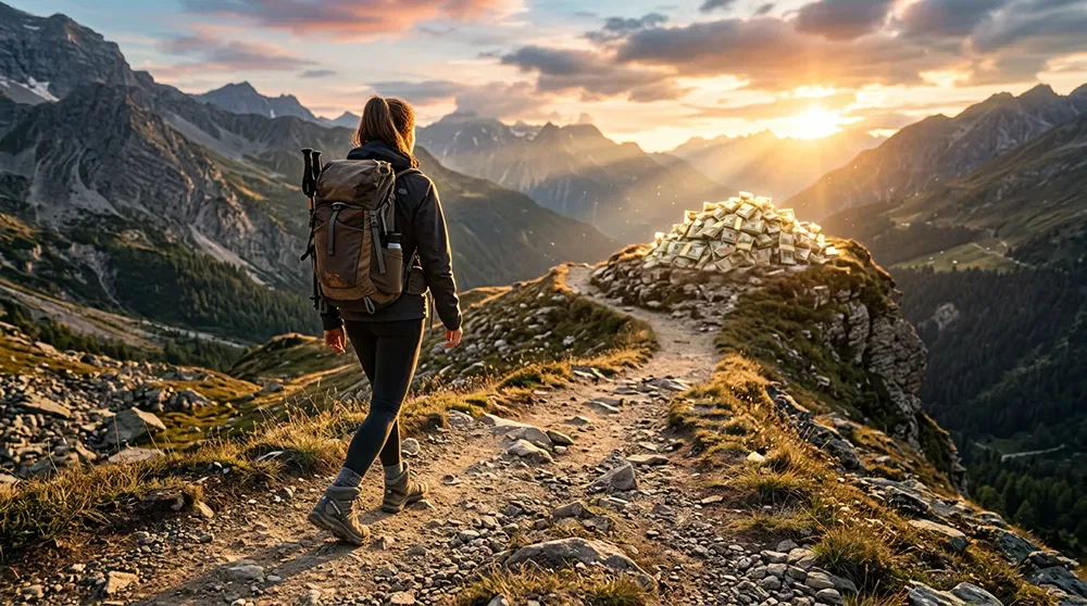 A person with a backpack hikes on a mountain trail at sunset, approaching a large pile of money stacked on a rocky summit—symbolizing the rewards of Affiliate Marketing for Beginners and making money online