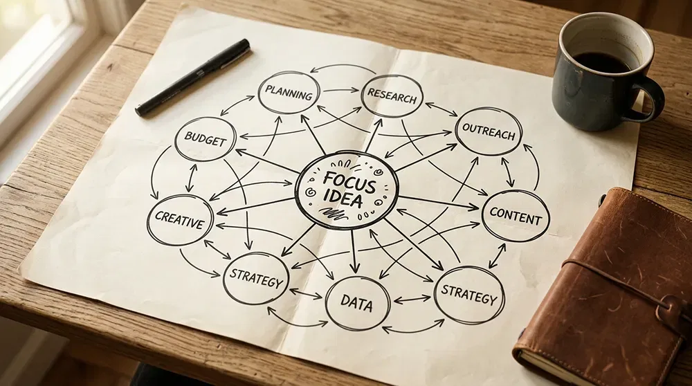 A mind map diagram on paper labeled 
