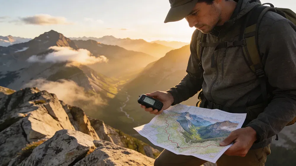A man stands on a rocky mountain ledge at sunrise, holding a map and a GPS device—like following a blog checklist for SEO best practices—with mountains and a valley stretching out in the background.