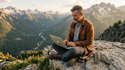 A man sits cross-legged on a rocky ledge using a laptop, exploring online business ideas, with a mug beside him and snow-capped mountains in the background under a partly cloudy sky.