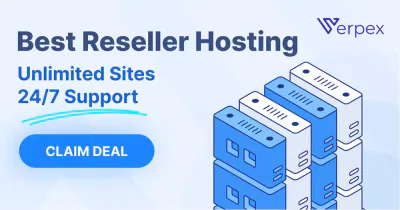 Advertisement for Verpex reseller hosting featuring text about unlimited sites, 24/7 support, a 
