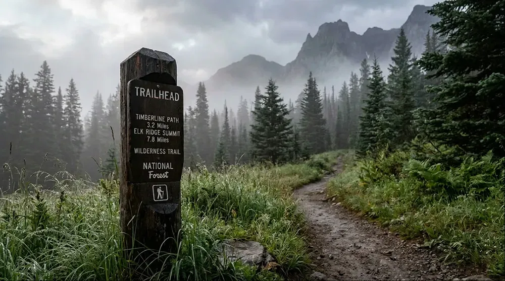 A wooden trailhead sign marks the start of a forest hiking path with mountains and pine trees in the background, reminding you that starting a blog can be your own path to making money under any sky.
